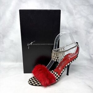 Giuseppe Zanotti Vicini Vintage Y2K Chandelier Fur Houndstooth Sandal Heels 37
